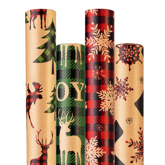 Christmas Wrapping Paper (4 Rolls: 93 sq. ft. ttl) - Red/Green and Black Plaid Grid Patterns, Stockings Snowflakes Pine Tree and Reindeer - Holiday Kraft Gift Paper 17 inches x 16.5 feet Per Roll