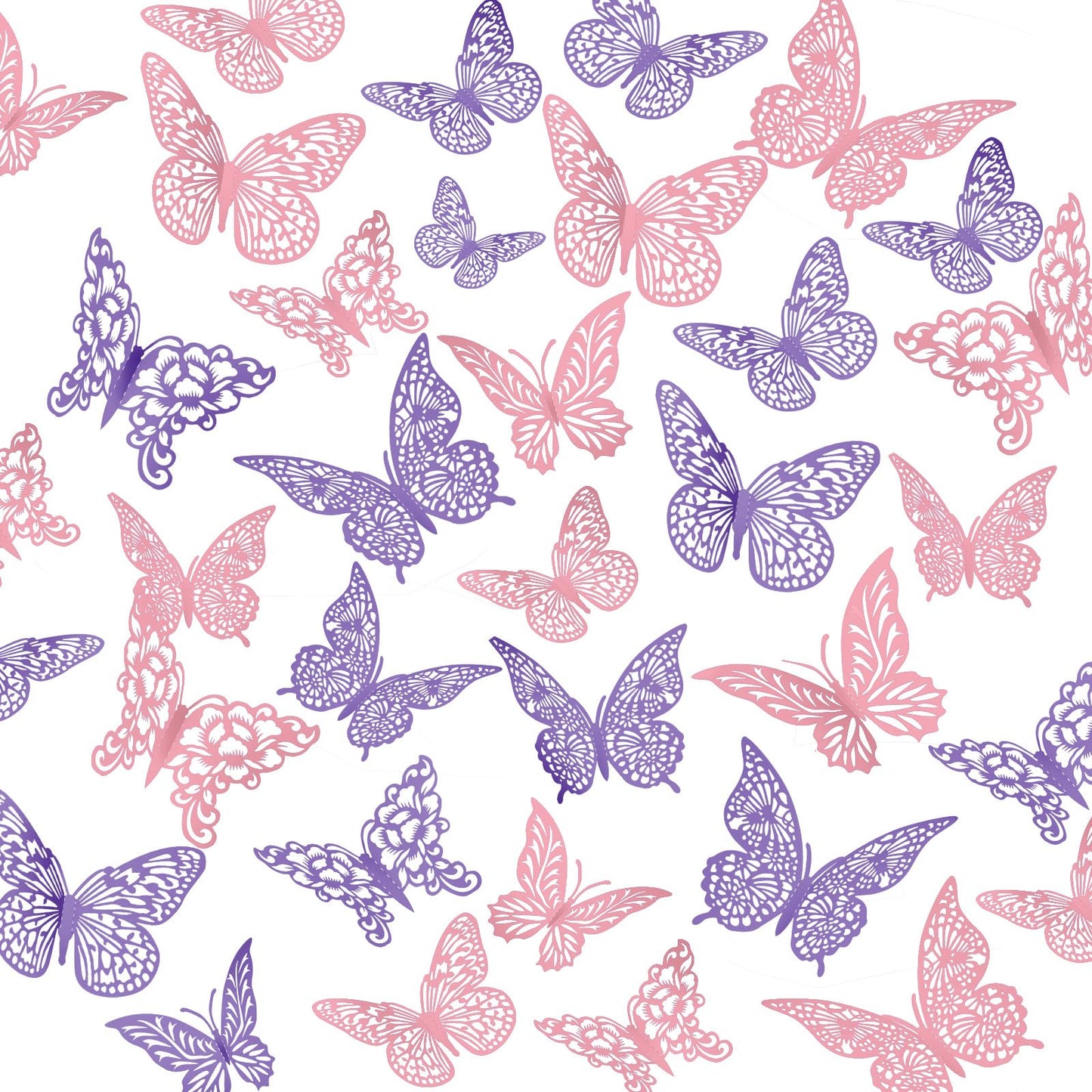 3D Gold Butterfly Wall Decor 3 Sizes 4 Styles Butterfly Party Decorations Cake Decorations Removable Stickers Wall Decor Room Mural Metallic Kids (Pink, 48Pcs)