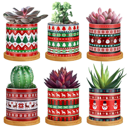 Tioncy 6 Pcs Christmas Plant Pots 3.15'' Christmas Ugly Sweater Plastic Succulent Planters with Drainage and Tray for Indoor Plants Small Plant Pot Set Plant Containers for Outdoor Planters
