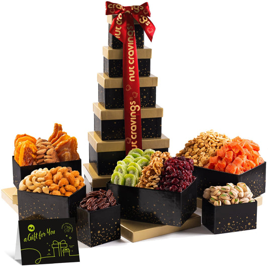 NUT CRAVINGS - Mothers Day Treats, Dried Fruit & Mixed Nuts Gift Basket, Black Tower + Heart Ribbon (12 Assortments) Food Arrangement, Healthy Snack Care Package, Kosher