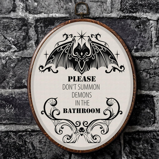 BrightRow Gothic Bathroom Wall Art Decor, Oval Canvas Hanging Print - Please Don't Summon Demons in the Bathroom, 11.4" × 8.7" Funny Goth Room Wall Decor for Toilet, Vintage Gifts for Friends Family