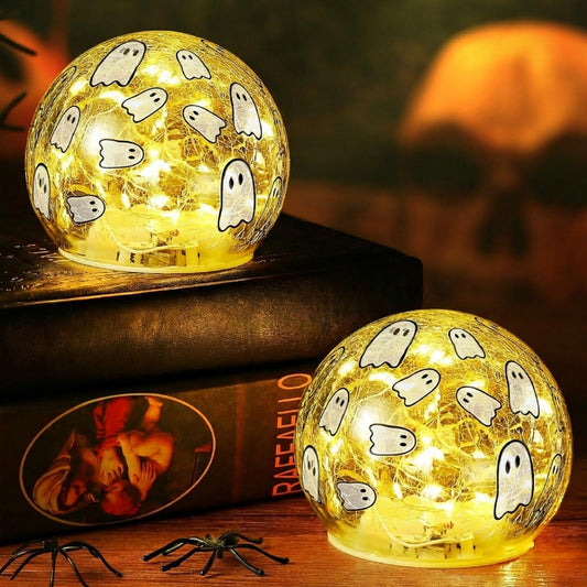 Tujoe 2 Pcs Halloween Decorations Indoor 4" Ghost Crackle Glass Globe Ball Lamp Night Lights with LED Timer Battery Operated Lighted Decorative Tabletop Decor for Table Home Centerpiece Party Gift