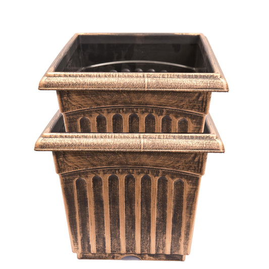 Sapphire USA 9" Square Planter Rustic Greek Column Look Set of 2 Flowerpot for Nursery Indoor Outdoor Garden Patio Office and Home Decor (Medium, Gold)