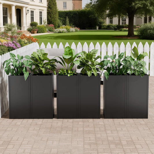 Diyfire Black Tall Metal Planters Box for Outdoor Plants 6 Pack- 23.6" H Steel Tall Square Planter with Removable Insert Shelf, Modern Heavy Duty Pedestal Planter Front Porch Decor Patio Garden