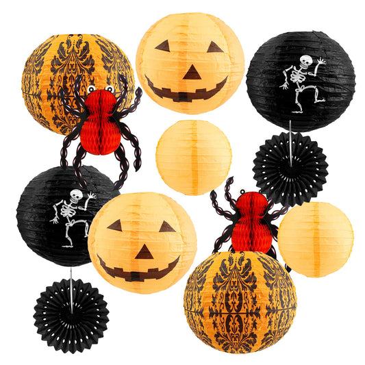 12 Pcs Halloween Hanging Decorations Paper Lanterns, Jack-o'-Lanterns Spider Skeleton Pumpkin for Indoor Outdoor Home Decor, Party Supplies, Yard - 12" & 8"