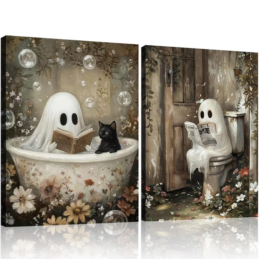 Framed Ghost Canvas Wall Art Set of 2 Cute Ghost Cat Reading in Bathtub Painting Rustic Whimsical Halloween Poster Picture Prints Décor for Bedroom Bathroom Restroom Spa 12x16 Inch
