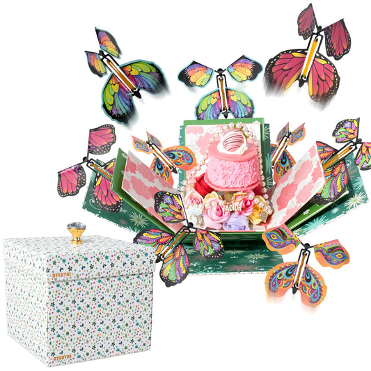 ELDGREON Explosion Gift Box, Flying Butterfly Surprise Gifts Box, DIY White Gift Included Butterfly Kit and Faux Rose Head for Birthday, Weddings, Mother's Day, Anniversaries
