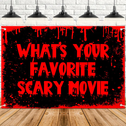 Scary Movie Backdrop Banner What's Your Favorite Scary Movie Horror Theme Decor for Scary Party Movie Night Party Halloween Costume Party Decorations Supplies 72x43in