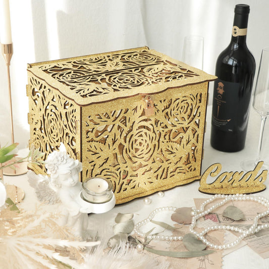 OurWarm Glittery Gold Wedding Card Box with Lock, Wood Gift Card Box for Reception, Money Honeymoon Fund Card Boxes for Baby Shower, Birthday, Graduation Party Rustic Wedding Decorations