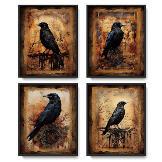 LARTSFRO Vintage Gothic Dark Crow Wall Art Decor Posters, Halloween Gothic Witchy Room Bedroom Bathroom Home Dorm Raven Wall Art Decor Aesthetic, Haunted House Decor, 10x8 Inch Set of 4 Pcs Pictures (UNFRAMED)