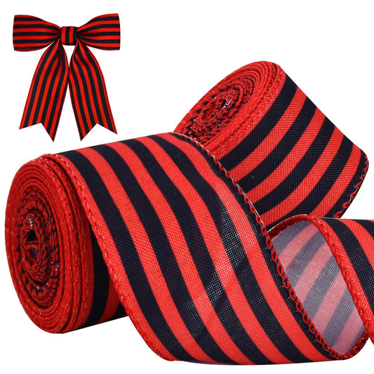TONIFUL 2 Rolls-2 Inch Red and Black Striped Wired Ribbon,Red and Black Stripe Wired Ribbon for Gift Wrapping, Indoor, Bows Making, Wedding Birthday Party Decoration (6yds/roll)
