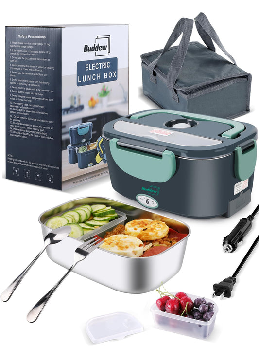 Buddew Electric Heated Lunch Box, 80W Fast Heating, 1.5L Food-Grade 304 Stainless Steel, 12V/24V/110V Portable Food Warmer for Car Truck Office Adults, Lonchera Electrica Portatil (Green)