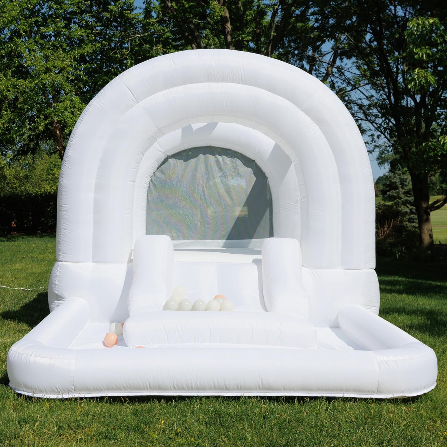 Bounceland Daydreamer Cloud Bounce House w/Ball Pit, Neutral Bouncer with Slide, 11.8 ft L x 6.9 ft W x 5.9 ft H, UL Blower Included, Basketball Hoop, 30 Pastel Plastic Balls, Trendy Bouncer for Kids