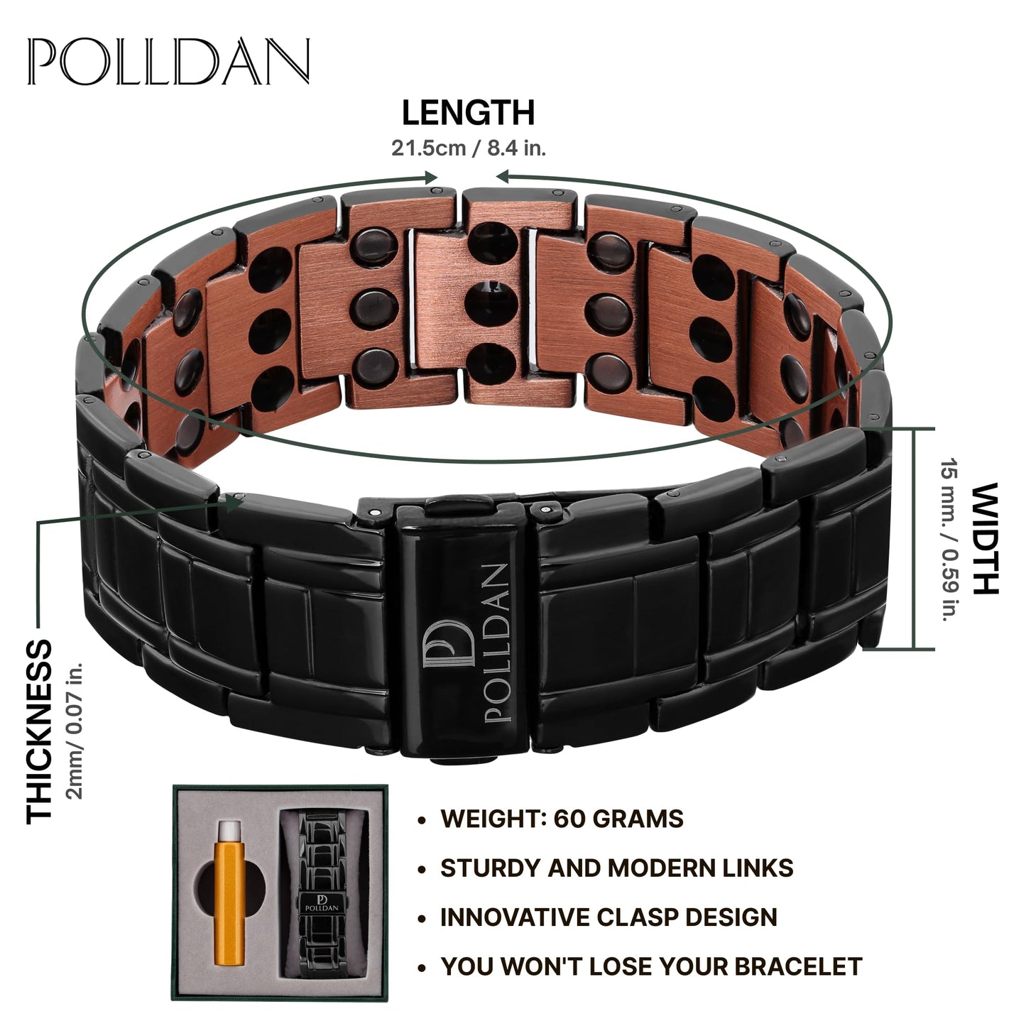 POLLDAN Copper Bracelet 6200 Gauss Power | Mens Bracelet 99.99% Pure Copper | Magnetic Bracelets for Men with Adjustable Fit & Sizing Tool | Stylish Men's Jewelry | Magnet Gifts for Him (3X Power Black Copper)