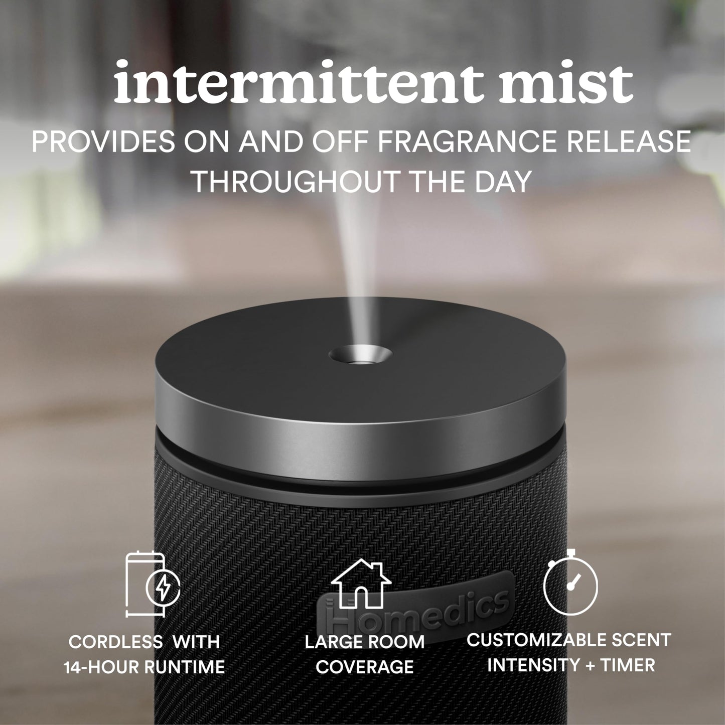 Homedics SereneScent Fabric Rechargeable Waterless Diffuser, Use with Homedics SereneScent Oil 120ml (Sold Separately) Cordless Aromatherapy, Adjustable Mist & Timer, 6 Calming Lights, Black