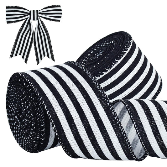 TONIFUL 2 Rolls-2 Inch Black Striped Wired Ribbon, Black and White Stripe Wired Ribbon for Gift Wrapping, Indoor, Bows Making, Wedding Birthday Party Decoration (6yds/roll)