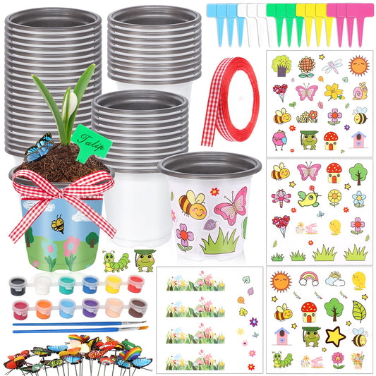 Garden Plastic Pot Craft Kit 50 Nursery Pots with 32 Stickers 50 Plant Labels 4 Painting Tools and 1 Ribbon for Flower Plant Spring Summer Graduation DIY Crafts Painting Gardening Growing Tools