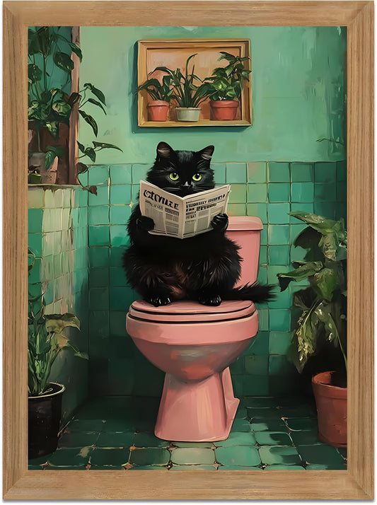 Funny Bathroom Wall Art Black Cat on Toilet Reading Newspaper, Humorous Cat Bathroom Decor Canvas Print, Quirky Animal Restroom Wall Decor Framed Artwork for Bathroom Home 8x10 Inch