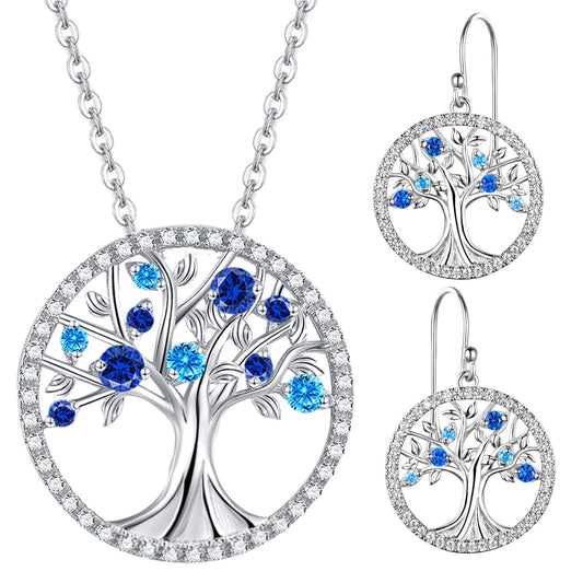 Tree of Life Jewelry Necklace Earrings Set Women March Birthstone Birthday Gifts Wife Mom Aquamarine Sapphire Sterling Silver