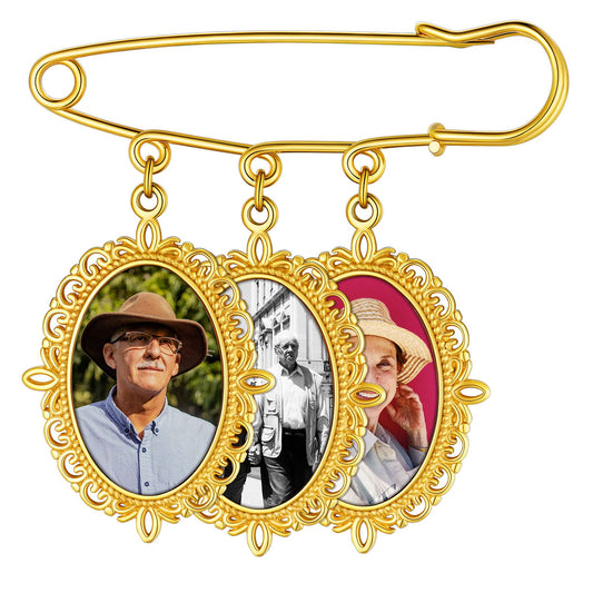 Custom4U Wedding Charms for Bouquet Custom 3 Picutres Customized Photo Pins Oval Shaped Memory Charm Funeral Boutonniere