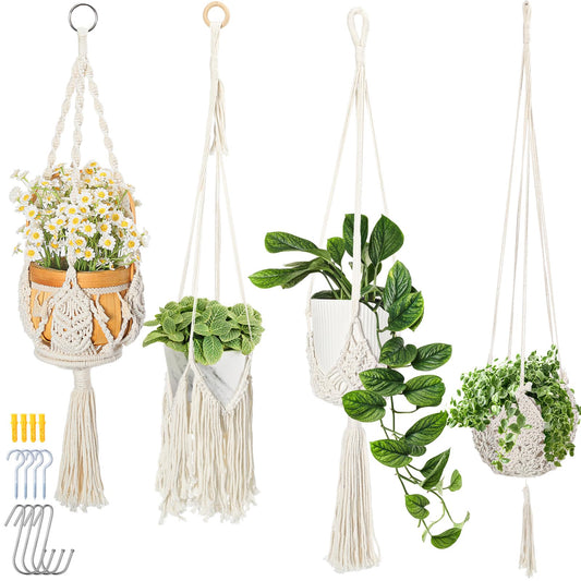 Wovnet 4 Packs Macrame Plant Hangers Indoor Crochet Hanging Plant Holder with Tassels Hanging Planters for Indoor Boho Hanger with 4 S Shaped Hooks for Home Decor Window Flower Pot (White)