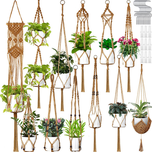 Hoteam 12 Pcs Macrame Plant Hangers Macrame Hanging Planters for Indoor Plants Handmade Boho Hanging Baskets Flower Pots Holder for Outdoor Home Wall Decor(Brown)