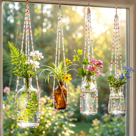 Suncalla 4 Pack Crystal Macrame Plant Hanger, Handmade Crystal Beaded Plant Hanger Colorful Decorative Bohemian Hanging Planter Holder for Indoor Outdoor Home Garden Decor