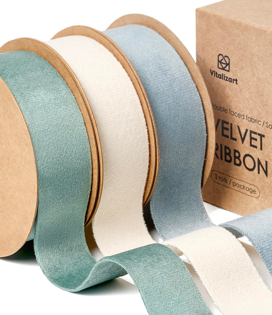 Vitalizart Velvet Ribbon Set 1 Inch Double Faced for Christmas Ornaments Gift Wrapping 15 Yards Wreath Decoration Bows Making Crafts Dusty Blue Green & Ivory