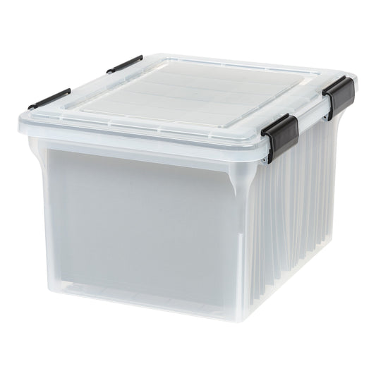 IRIS USA File Box WeatherPro Organizer Plastic for Letter/Legal, Water Resistant Document, Durable Lid, Seal w/Secure Latching Buckles, Stackable, Nestable, Clear 32 Qt. 1 Pack