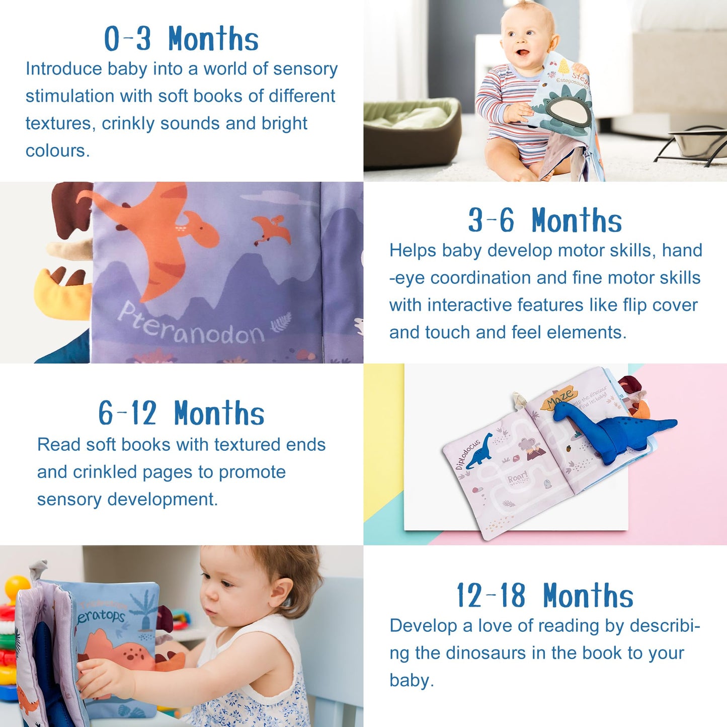 Richgv Baby Books Toys 0-6-12 Months, Baby Boy Gifts Touch and Feel Crinkle Books with Dino Doll, Newborn Infant Carseat Toys 6-9-12 Months Shower Gifts Easter Basket Stuffers
