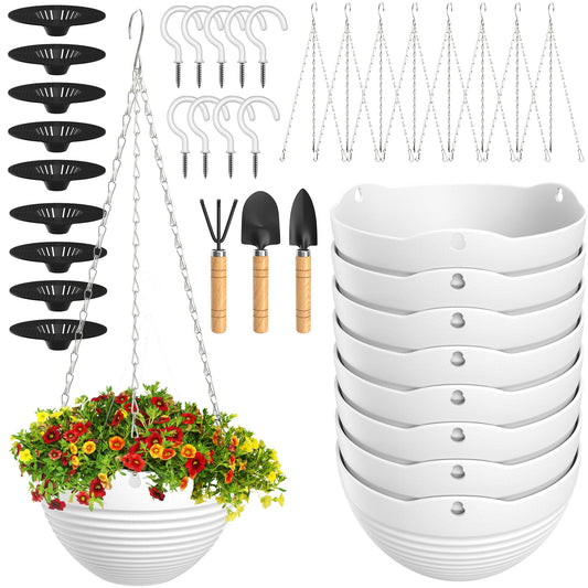 REPICLIFE Hanging Planters, Set of 9 White Hanging Pots, 8" Hanging Flower Pots, Plant Pots with Drainage Plugs, Water Barrier and Chains, Come with Free Mini Garden Tools Set