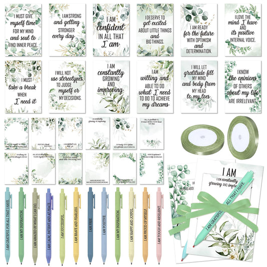 Maitys 24 Sets Thank You Teacher Appreciation Gift for Women Employee Positive Affirmation Gift Inspirational Sticky Note Greeting Cards Pen Ribbon Motivational Notepad for Coworker Office(Eucalyptus)