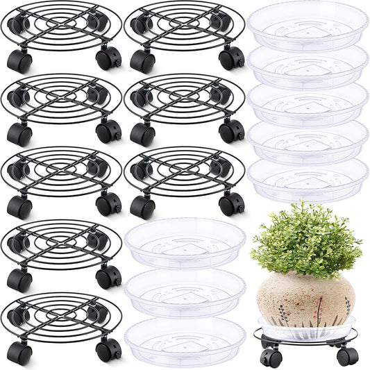 Zopeal 8 Pack Plant Stand with Wheels Heavy Duty Metal Plant Stand Rolling Dolly with Casters Round Flower Pot Rack with 8 Pcs Plastic Saucers for Indoor Outdoor Patio Garden(10.6 Inch,Black)