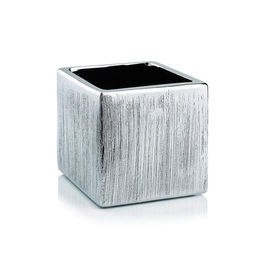 WGV Ceramic Cube Vase Width 3" Height 3" (Fits 2.5" Pot) Elegant Modern Small Square Floral Planter Terrarium Container Table Dresser for Event Accent Home Office Decor Silver Textured 1 Piece