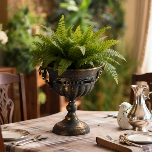 NOONEAU Vintage Urn Planter, 11.5" Distressed Metal Vase with Embossed Design, Rustic Centerpiece for Mantel, Table, Entryway or Living Room Decor