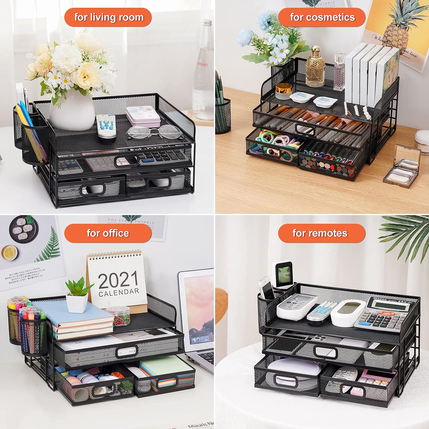 Marbrasse 3 Tier Mesh Desk Organizer with Drawer, Multi-Functional Desk Organizers and Accessories, Paper Letter Organizer with 2 Pen Holder for Home Office Supplies (Black)