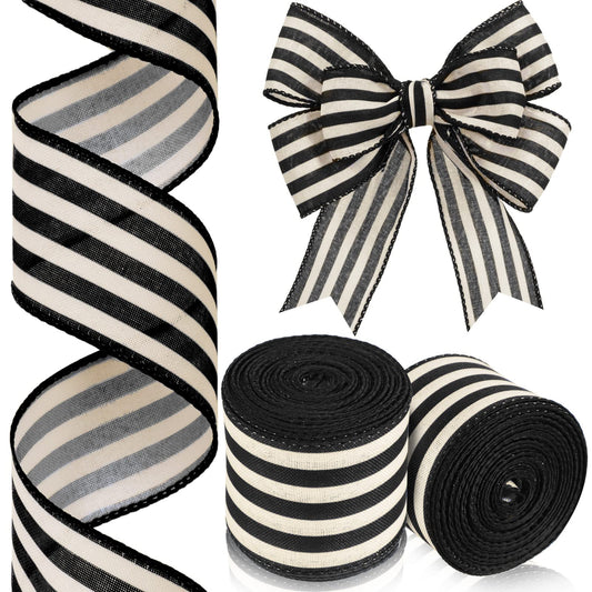 Moukeren 2 Rolls Black and Cream White Stripe Wired Edge Ribbon Halloween Rustic Ivory Boho Black and White Ribbon for Christmas Party Gift Wrapping Bow DIY Craft Home Decor(2.5 Inch, 20 Yard)