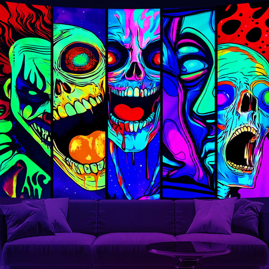 Apdidl Blacklight Halloween Horror Decor Tapestry for Bedroom, Black Light Posters Skull Face Scary Skeleton Funny Wall Art Tapestries，UV Reactive Glow in The Dark Party Wall Hanging for Living Room 51"X60"