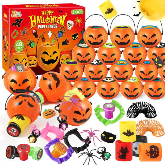 SpringFlower 336 PCS Halloween Party Favors,48 Pack Prefilled Pumpkins With Toys, Halloween Party Favors Bulk Kids Trick or Treat & Classroom School Rewards, Halloween Gifts