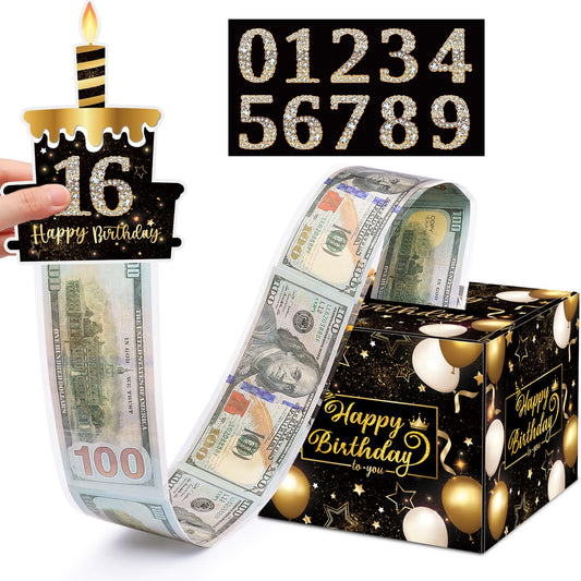 Meiidoshine Birthday Money Gift Box with DIY Stickers for Any Age, Surprise Money Boxes for Cash Gift with Pull Out Happy Birthday Day Card and 50Pcs Transparent Bags