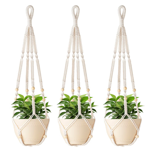 Aukorin 35 Inch Macrame Plant Hanger Indoor with Wood Beads and No Tassels,Strong Hanging Planter Flower Pot Holder for Indoor Outdoor Boho Home Decor,Ivory,Set of 3 (Pots Not Included)