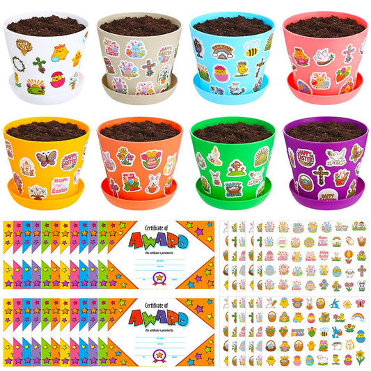 Domensi 30 Pack Garden Pot Craft Kit 4 Inch DIY Religious Crafts for Kids Bulk Small Plastic Spring Flower Plant Pot Plastic Planter with Tray Drainage Holes with Tag, Certificate of Award, Sticker