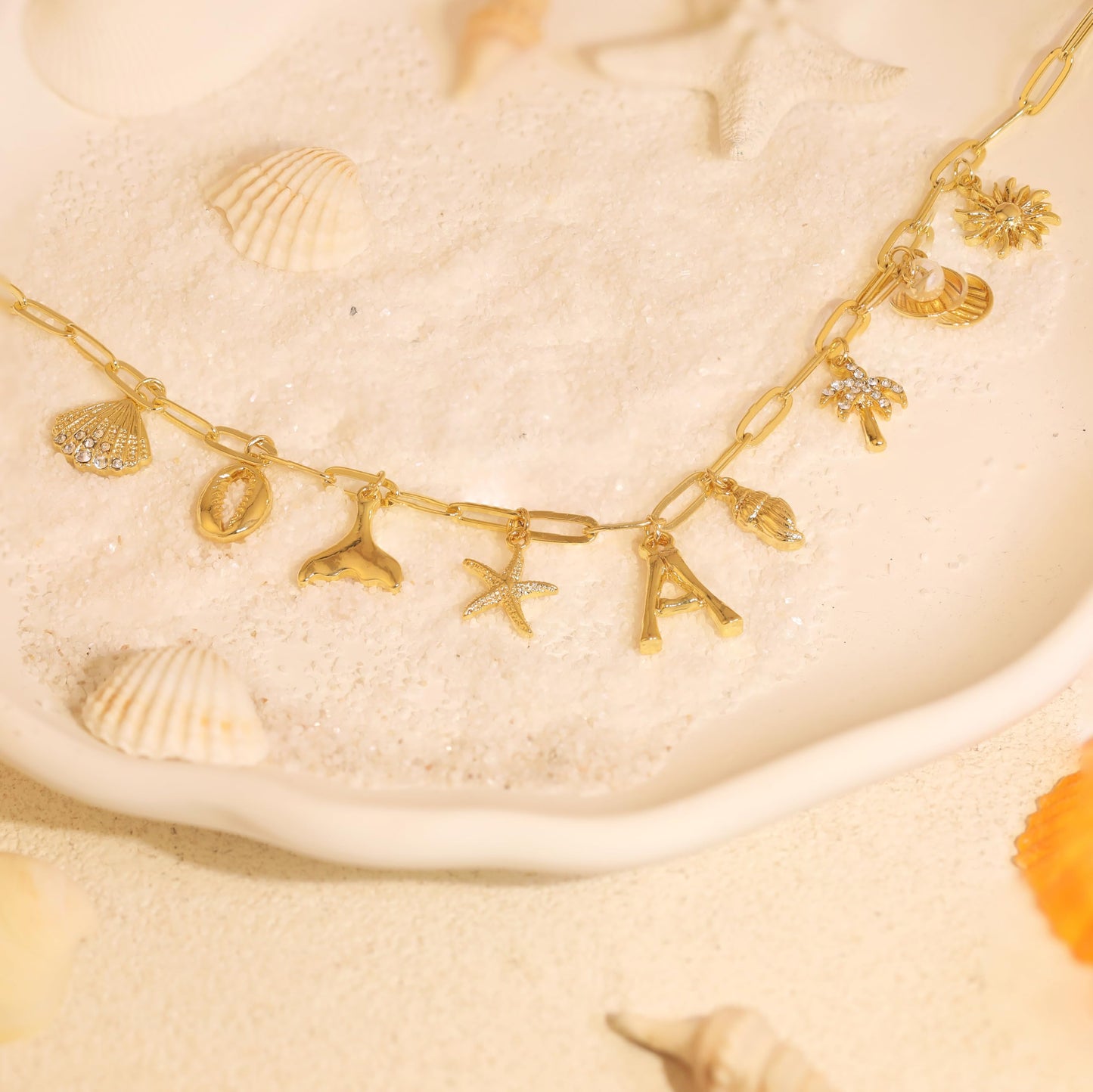 JALZEMPL Initial Charm Necklaces For Women Shell Letter Paperclip Chain Seashell Starfish Beach Summer Pendant Boho Surfer 14K Gold Plated Jewelry Gift (U)