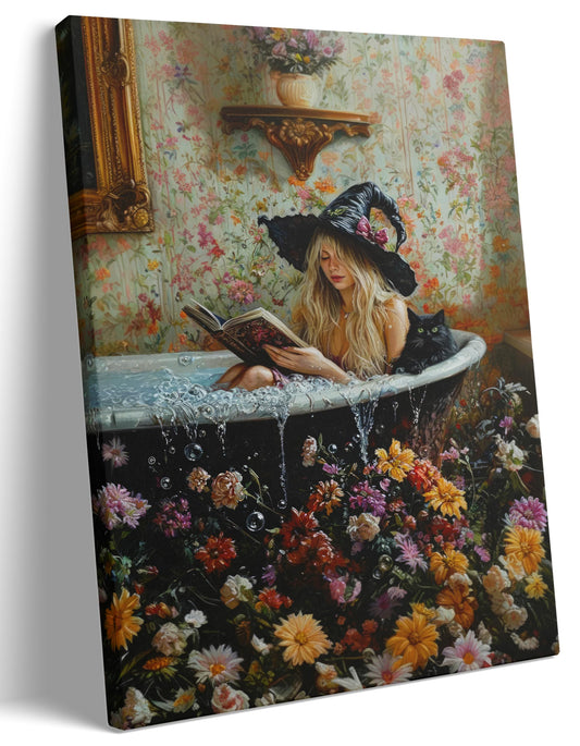 Gothic Witch and Black Cat Canvas Wall Art Vintage Dark Academia Witch in Bathtub Painting Picture Wall Decor Halloween Magical Witch Poster Print Artwork for Living Room Bathroom Home Decoration
