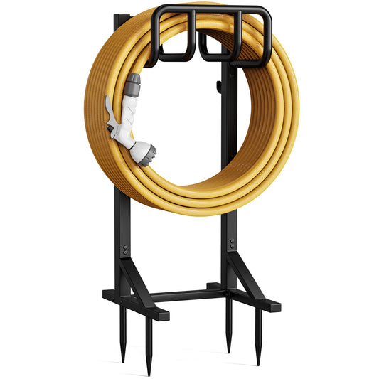 Garden Hose Holder Stand, Freestanding Heavy Duty Metal Hose Holder with Stable Base and Tool Hooks, Rustproof Water Hose Storage Rack for Outside Yard Lawn