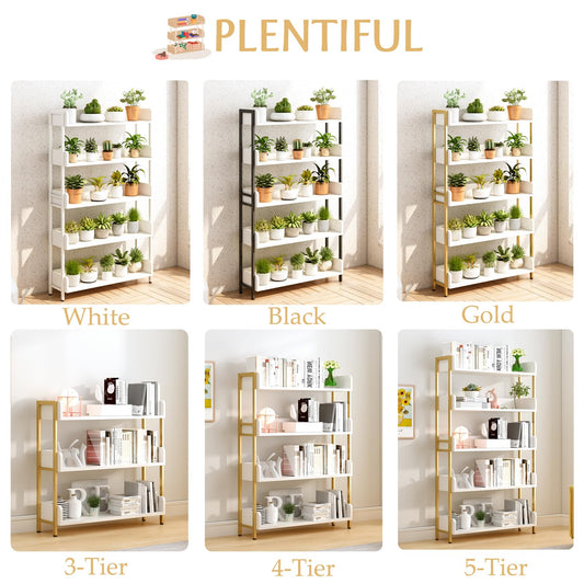 OSCHF Wide Open Shelf Bookcase - Modern 5-Tier Freestanding Display Bookshelf with Three-Side Panels for Home and Office, Storage Shelving in Warm White with Gold Frame
