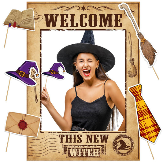 Magical Witch Party Photo Booth Props Welcome This New Witch Photo Booth Frame Magical School Selfie Props Vintage Birthday Selfie Frame for Magic Theme Birthday Cosplay Party Decorations Favors