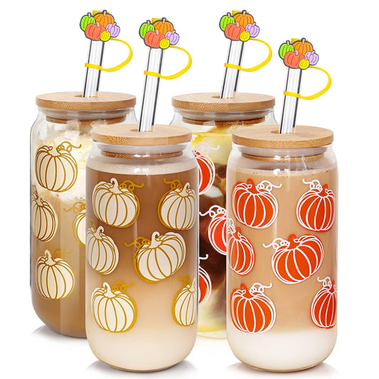 ANOTION Cute Iced Coffee Glass Cups, 18oz Pumpkin Tumbler Set - 4 Packs Fall Mug with Lids and Straws - Fall Wedding Gifts, Thanksgiving Decor, Family Gifts