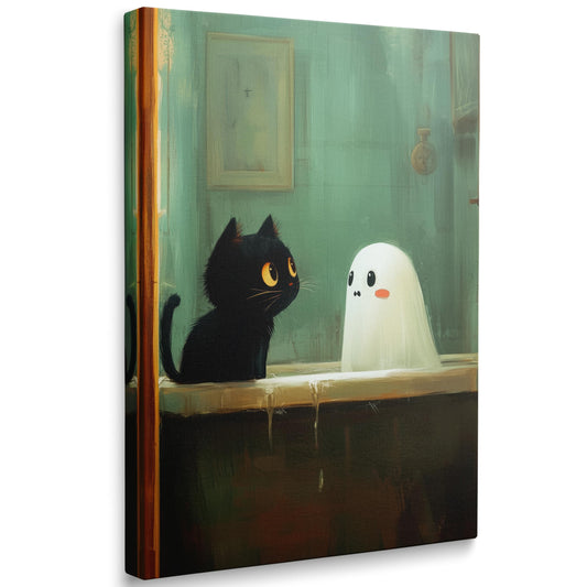 Framed Vintage Funny Cute Black Cat and Ghost in Bathtub Halloween Wall Art Canvas Fun Cool Gothic Animal Bathroom Pictures Wall Decor Whimsical Prints Poster Artwork for Living Room Bedroom (12"x16")