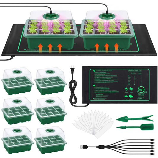 Hahood 6 Pack Seed Starter Tray Kit with Grow Light and Seedling Heat Mat 72 Cells Seed Starter Tray with Humidity Dome and Base Plastic Plant Growing Germination Trays for Seed Propagation, Green